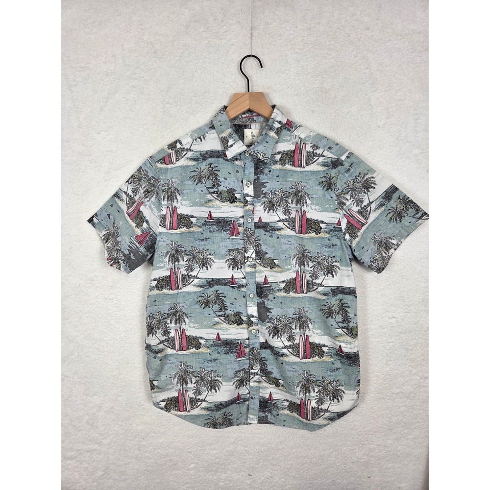 Denim & Flower‎ Mens Slim Fit Tropical Island Palm Tree Surfboard Shirt L Beach